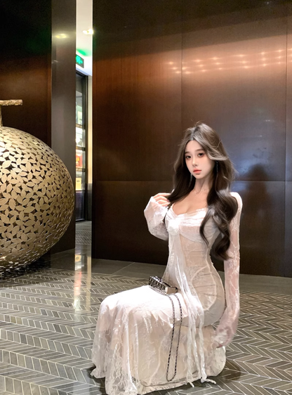 White Lace Splicing Dress Women's Long Mermaid Dress YM1816