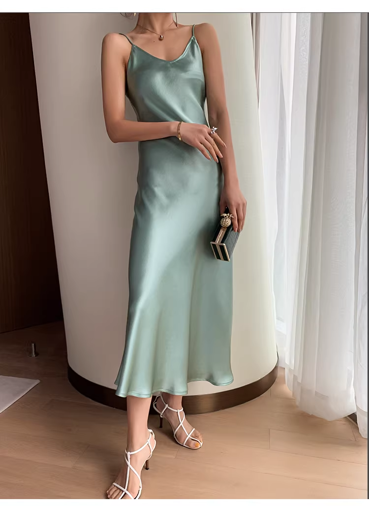 Simple Bean Paste Green Satin Long Party Dress Birthday Outfits YM2433