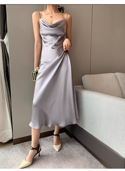 Elegant Silver Gray Spaghetti Straps Satin Long Party Dress Birthday Dresses YM2439