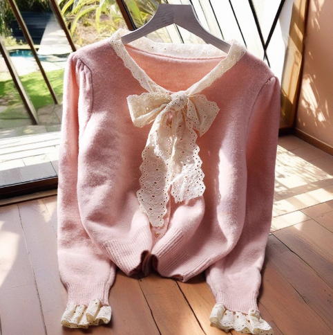 Pink Lace Cropped Pullover Sweater Sweet Bow Long Sleeve Knit Top YM2368