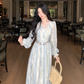 Elegant Blue Tie-Dye Lace V-Neck Long-Sleeve Party Dress Birthday Outfits YM2049