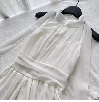 Retro White Halter Chiffon Long Vacation Dress Birthday Dress  YM2078