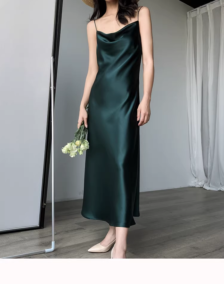 Elegant Dark Green Spaghetti Straps Satin Long Party Dress Holiday Dress YM2437