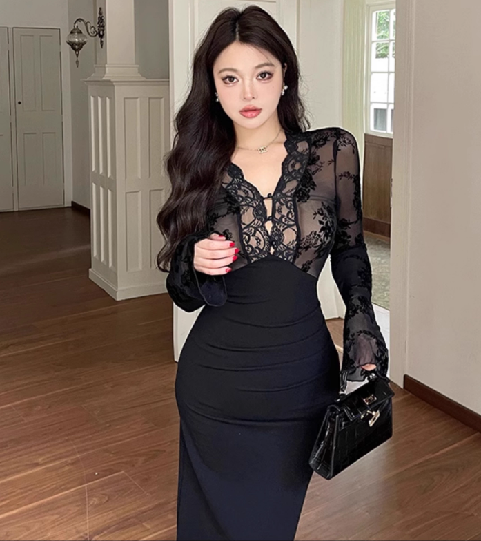Sexy Black Lace Long Sleeveless Slit Long Holiday Dress Birthday Dress YM2243