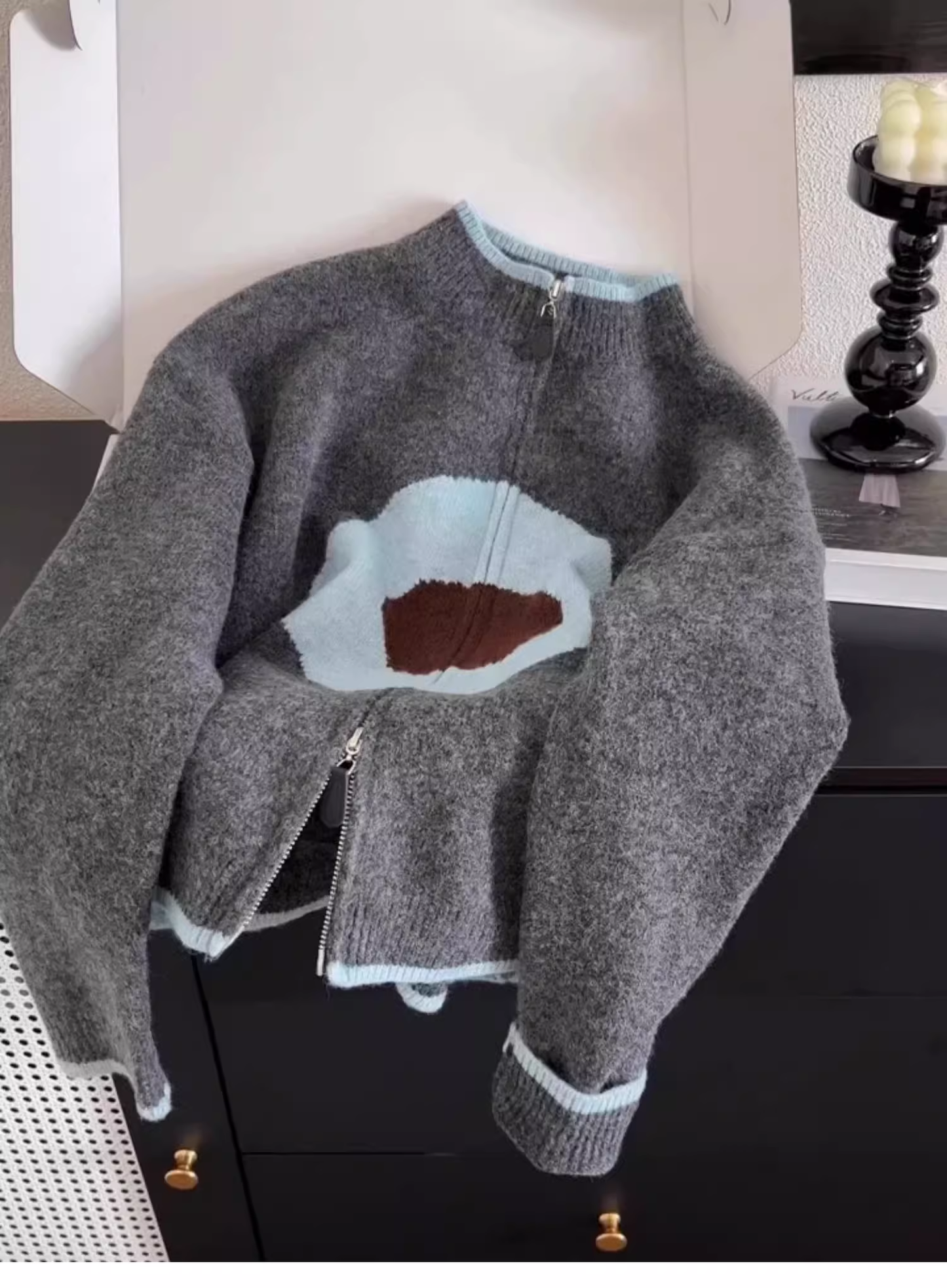 Gray High-end Contrast Color Zipper Knitted Cardigan Soft Waxy Sweater Jacket YM2395