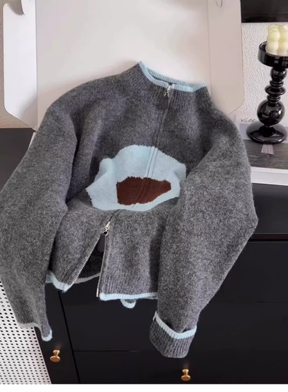 Gray High-end Contrast Color Zipper Knitted Cardigan Soft Waxy Sweater Jacket YM2395