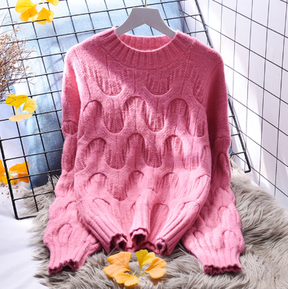 Purple Cable Knitted Round Neck Pullover Thickened Sweater YM2374