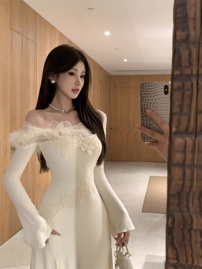 Women's new style one-shoulder long-sleeved dress with lace birthday dress YM1938