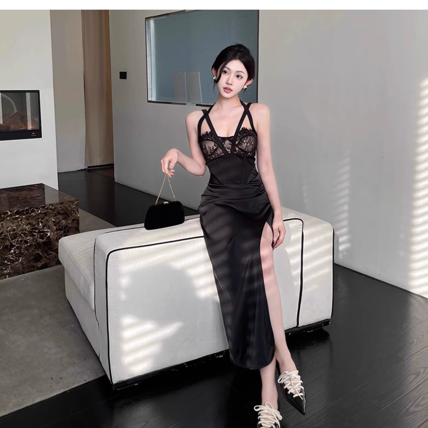 Sexy Black Lace Slit Party Gown,Birthday Outfits YM2019