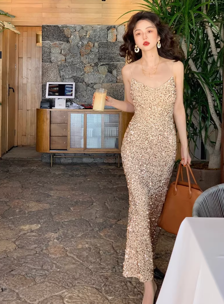 Sexy red velvet sequined v-neck straps dress mermaid evening dress YM1965