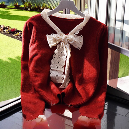 Pink Lace Cropped Pullover Sweater Sweet Bow Long Sleeve Knit Top YM2368