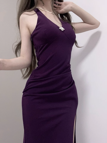 Sexy Purple Halter Neck Diamond Chain V-Neck Party Sheath Slit Vacation Dress YM2151