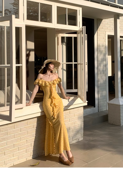 Pretty Off The Shoulder Chiffon Floral Ruffles Party Dress,Yellow Prom Dress YM1987