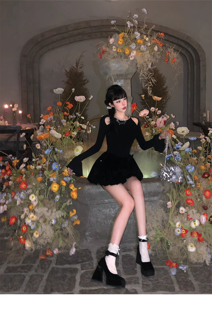 New Style Birthday Date Dress Off-shoulder Long-Sleeved Black Prom Dress YM1978