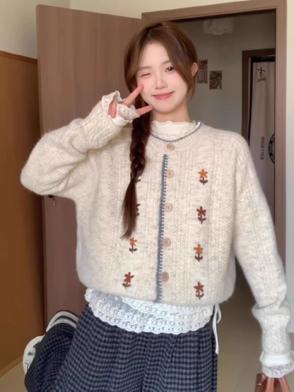 Round Neck Flower Embroidered Cardigan Sweater Jacket YM2393