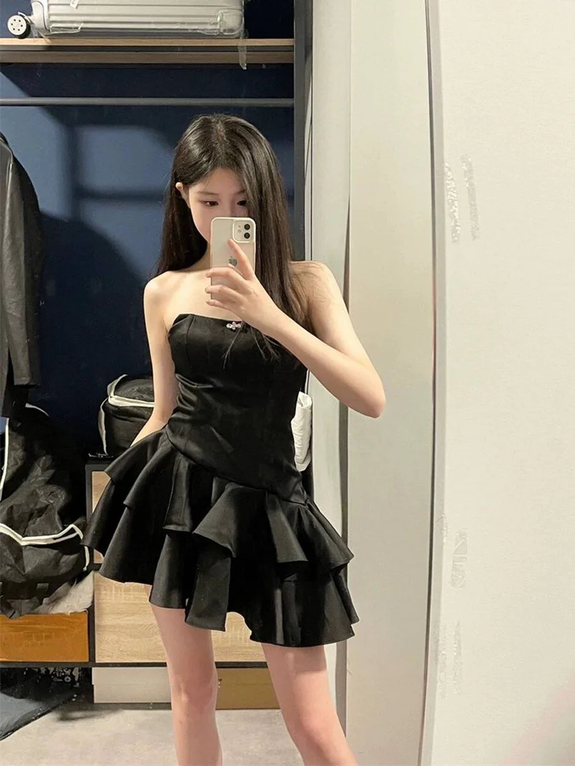 women's black irregular puffy short dress YM728 – ymprom