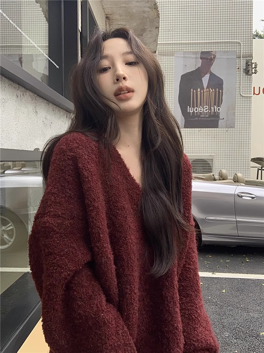 Fashion Suit Skirt Women's New Style V-neck Pullover Sweater Half-length Skirt Two-piece Suit YM1814