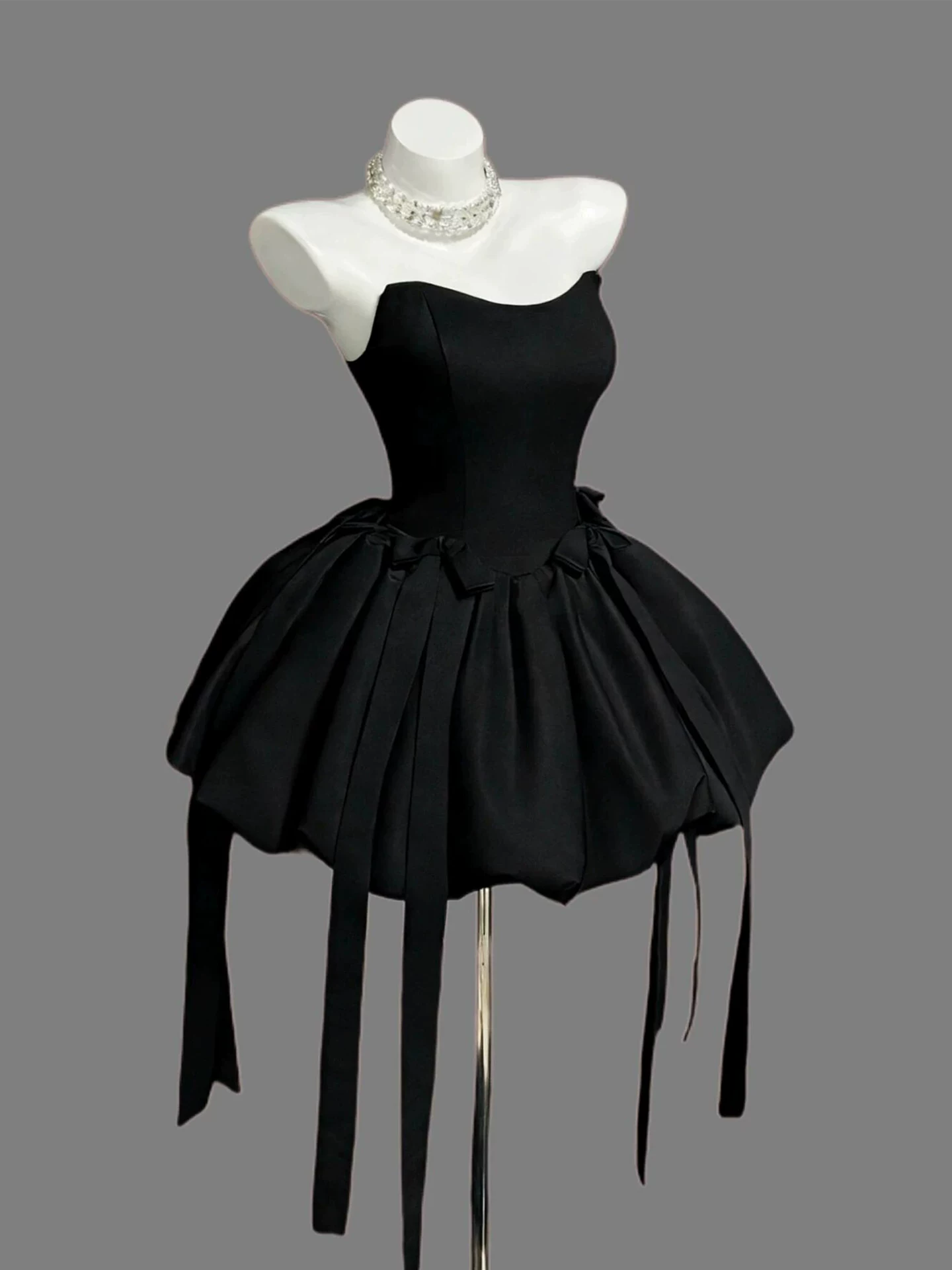 Fashion Strapless Black Satin Bow A Line Short Birthday Dress Cocktail Dress YM2464