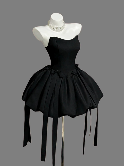 Fashion Strapless Black Satin Bow A Line Short Birthday Dress Cocktail Dress YM2464