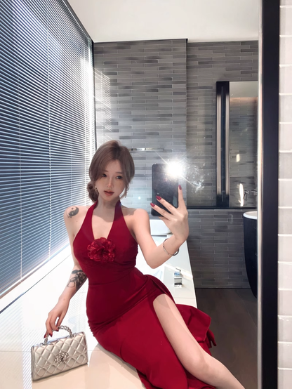 Red Three-Dimensional Flower Halter Party Dress Deep V Slit Evening Dress YM2115