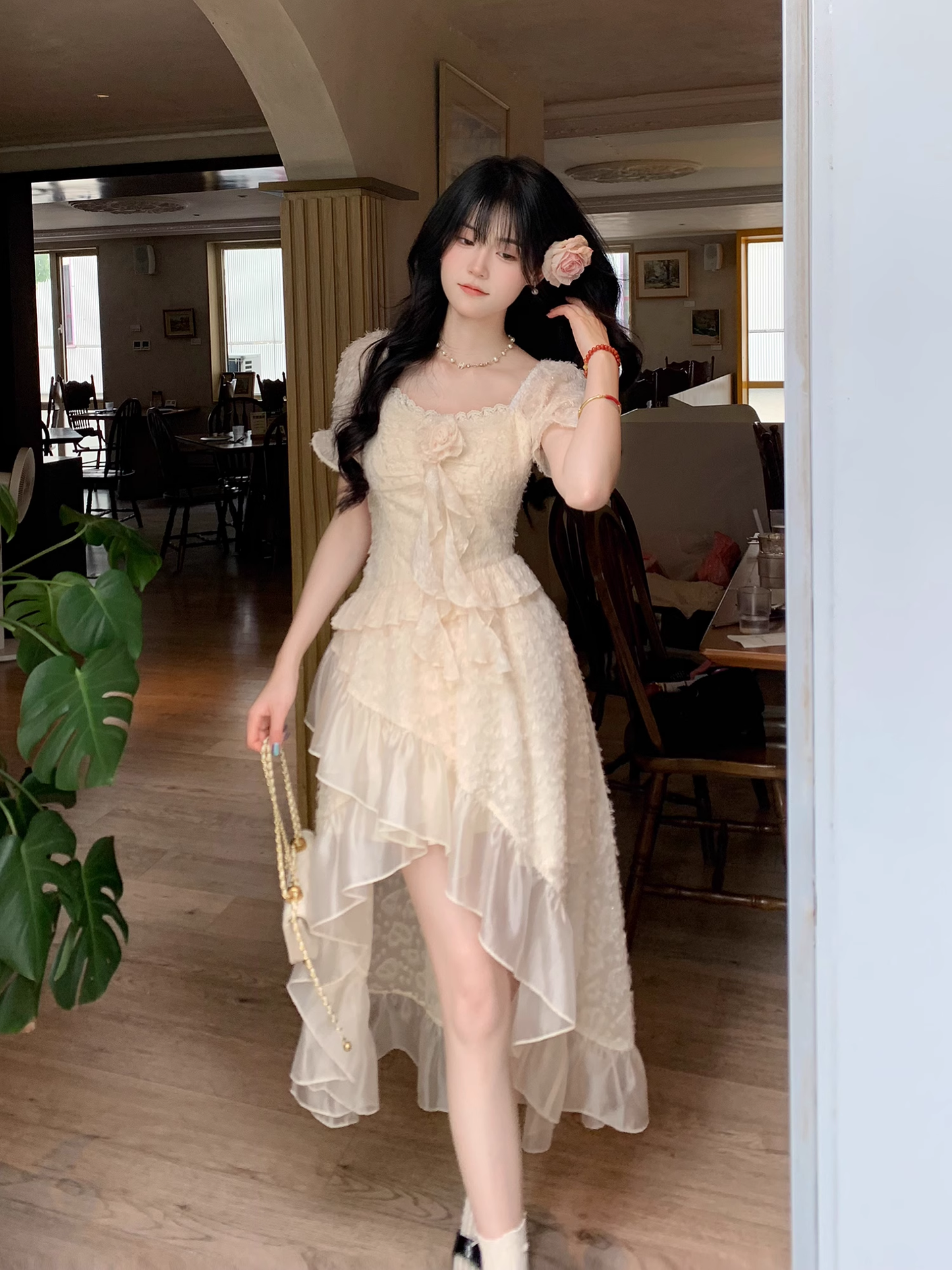 Classy Apricot Tulle Flower Ruffles Long Prom Dress Party Dress YM2051