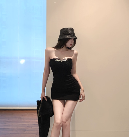 Sexy Strapless Lace Beaded Black Sheath Short Holiday Dress Birthday Dress YM2340