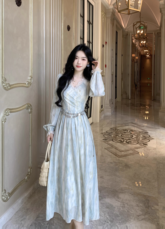 Elegant Blue Tie-Dye Lace V-Neck Long-Sleeve Party Dress Birthday Outfits YM2049
