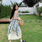Oil painting floral suspender dress women's summer stitching fake two piece skirt YM1190