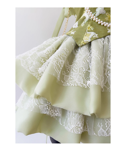 Green Spaghetti Straps Lace Satin Hoco Dress Temperament Birthday Dress YM2118