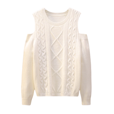 White Loose Pullover Off-the-Shoulder Knit Sweater YM2289