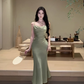 Simple spaghetti straps satin long mermaid party prom dress YM1967