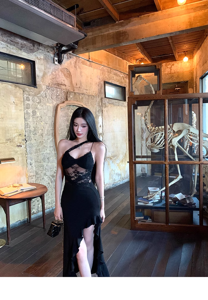 Black Lace Panelled Spaghetti Straps Slit Party Dress  YM2001
