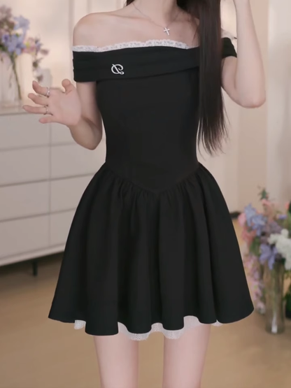 Sexy One Shoulder A Line Vacation Dress Black Short Birthday Outfits YM2168