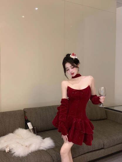 Glitter Red Velvet A Line Party Dress Birthday Outfits YM1822