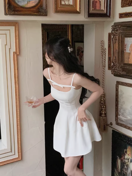 White suspender bow a line mini party dress birthday dress YM1960