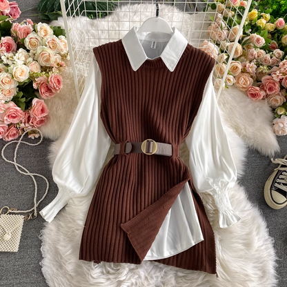 Long Shirt Tie Knitted Vest Two-Piece Set, YM259