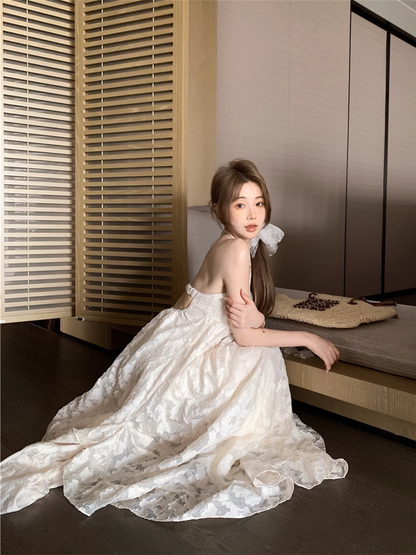 French Style White Halter Neck Dress Seaside Holiday Style Long Backless Dress YM2107