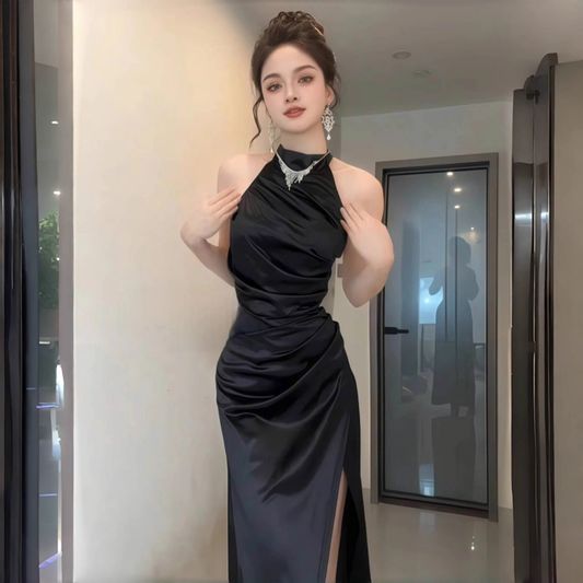 Sexy Black Halter Sleeveless Satin High Slit Long Birthday Party Dress Holiday Dress YM2246