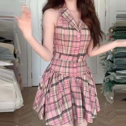 Sweet Sleeveless Plaid A-Line Short Dress Pink Vacation Dress YM2167