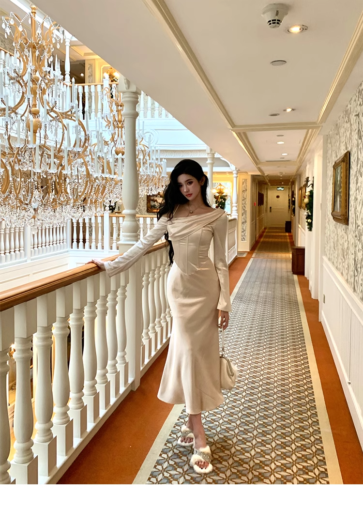 One Shoulder Long Sleeves Sexy Mermaid Evening Dress Party Dress YM1990
