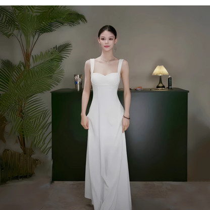 Classy Spaghetti Straps White Sweetheart Neck A Line Long Birthday Outfits Holiday Dress YM2245