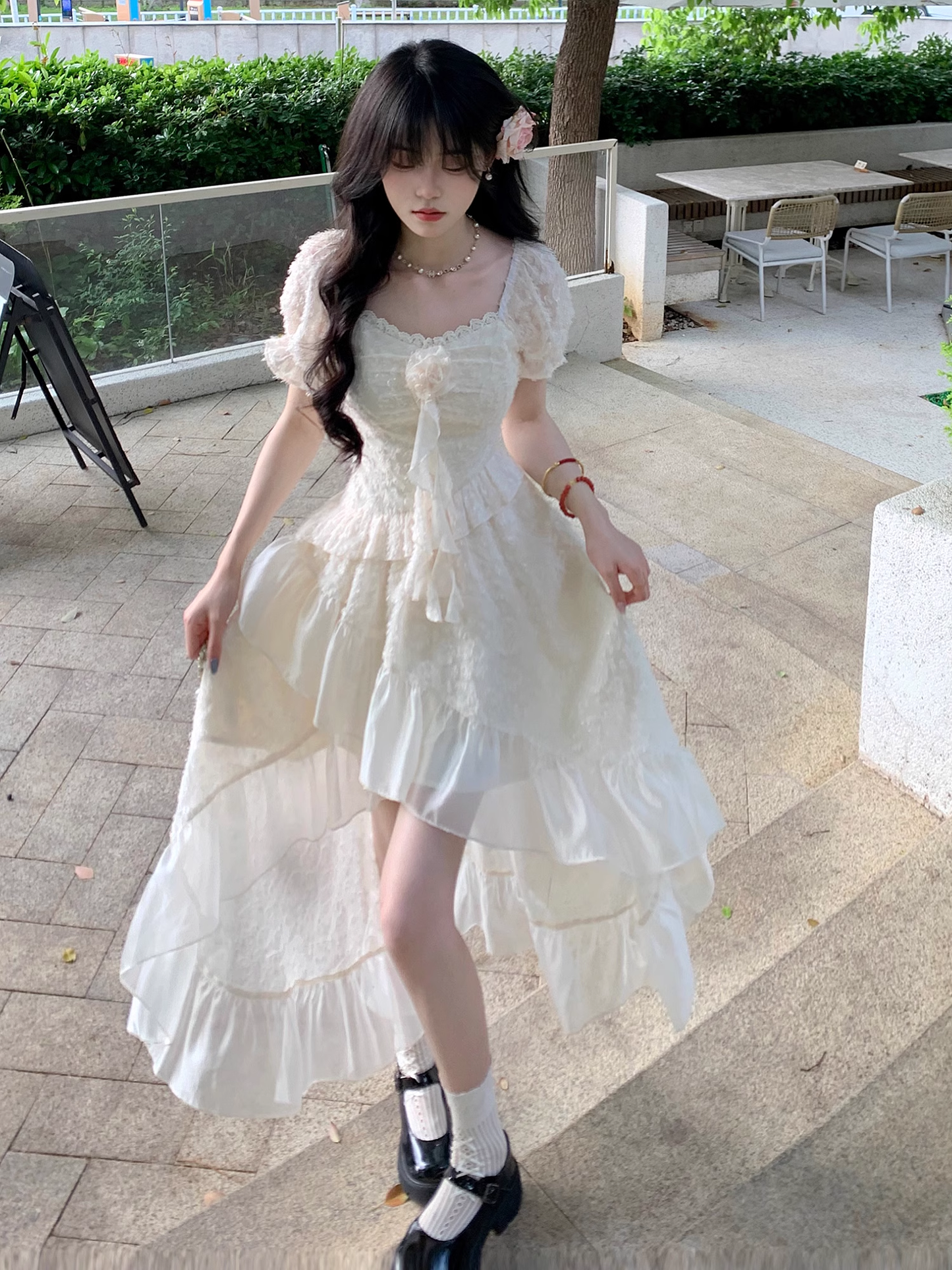 Classy Apricot Tulle Flower Ruffles Long Prom Dress Party Dress YM2051