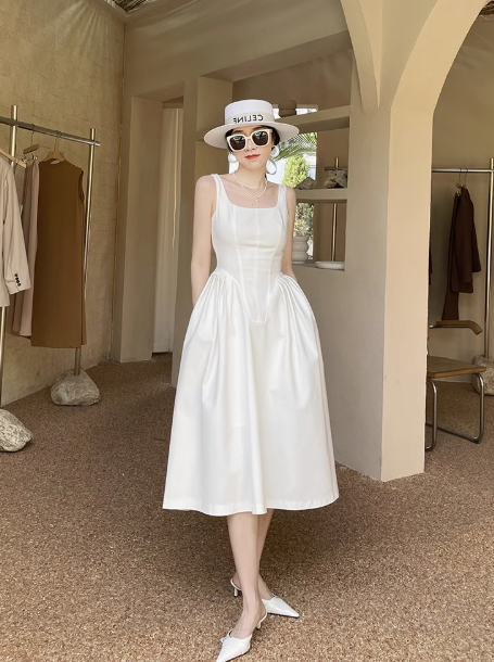 Elegant white spaghetti straps a line long party dress YM1951