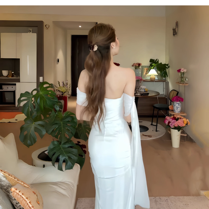 Elegant Off The Shoulder White Long Birthday Dress Vacation Dress YM2209
