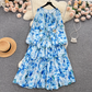 Puff sleeves, tie waist, long chiffon floral skirt, vacation dress YM611