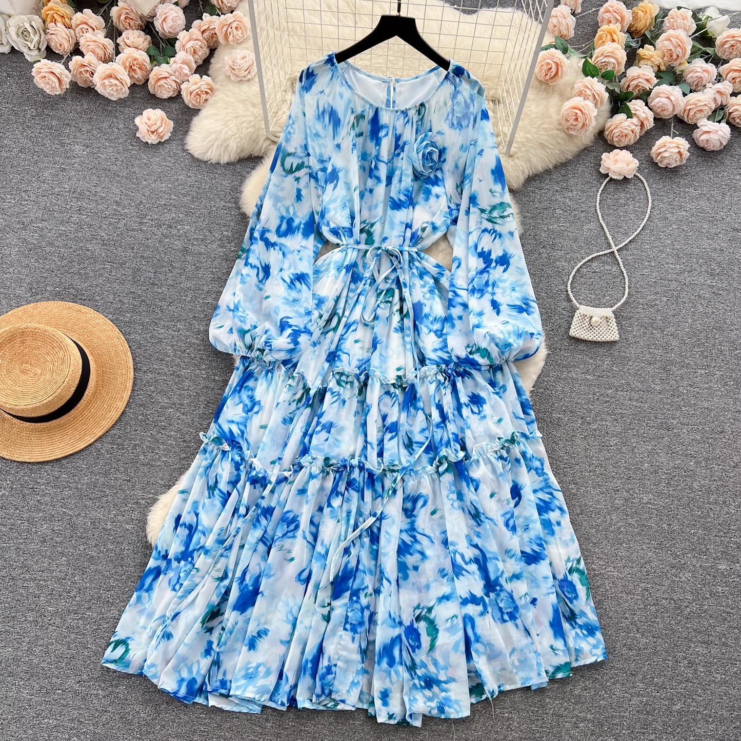 Puff sleeves, tie waist, long chiffon floral skirt, vacation dress YM611