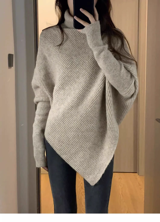 High-neck Irregular Sweater, Soft And Cozy Knit Sweater YM2399