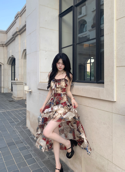 Retro Jacquard Oil Painting Trailing Dress Suspender Chiffon Party Dress Prom Dress YM2050