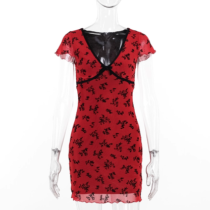 Vintage Red Short Sleeves Print Floral Sheath Short Birthday Dress Vacation Dress YM2231