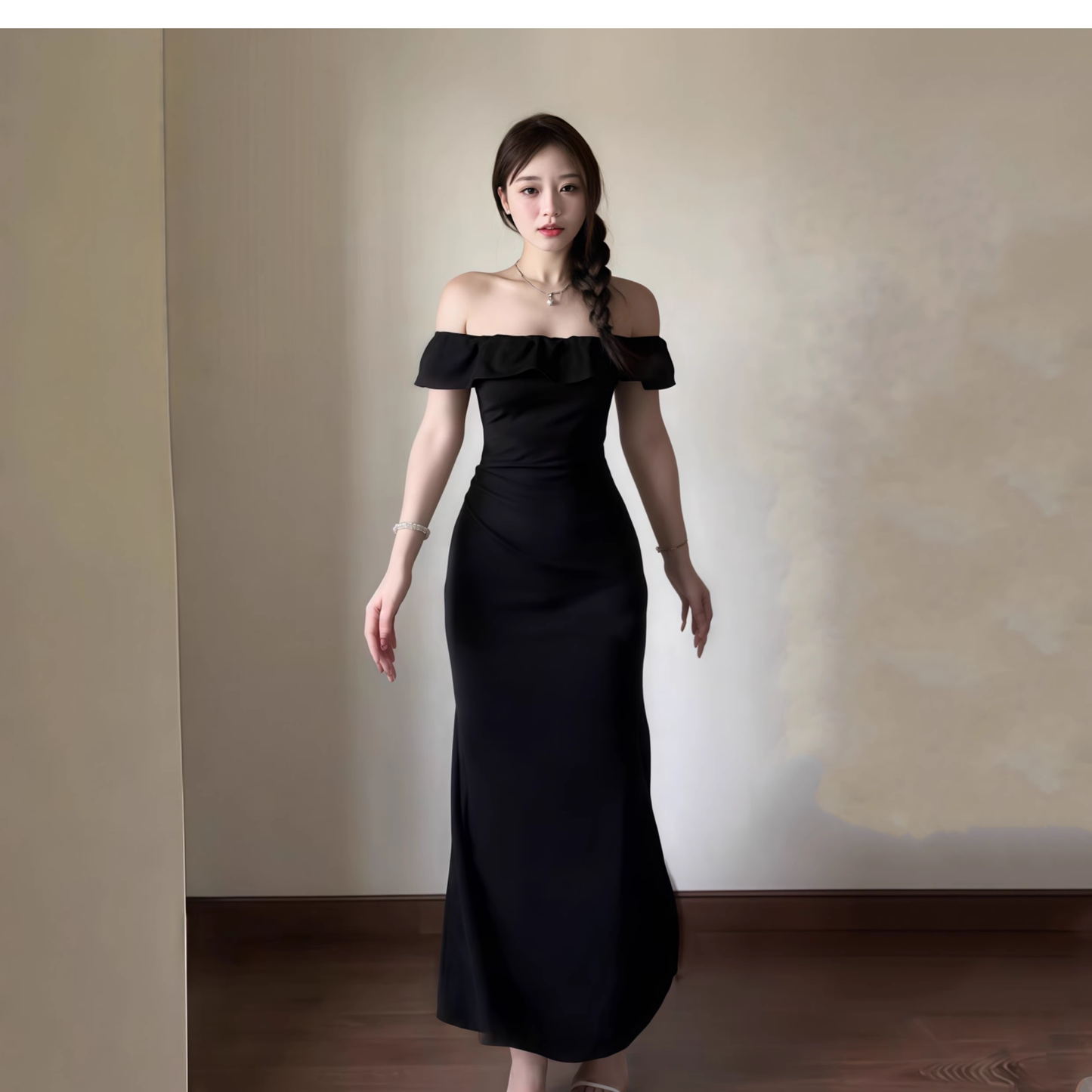 Elegant Off The Shoulder Black Mermaid Long Birthday Dress Vacation Dress YM2244